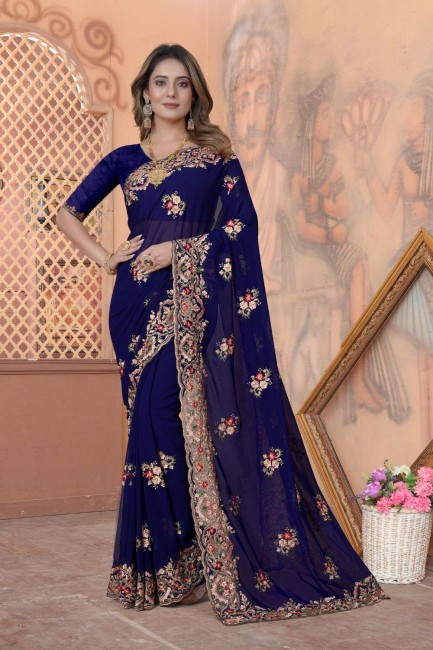 Embroidered Georgette Saree in Navy