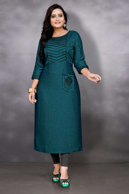 Rayon Blue Kurti with Embroidered