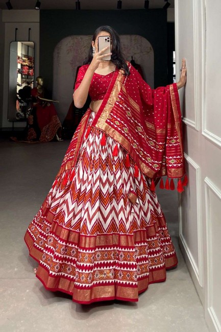 Red Color Tussar Silk With Leheriya With Foil Print Lehenga Choli