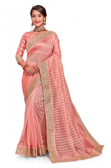 Tissue Saree in Peach  with Embroidered