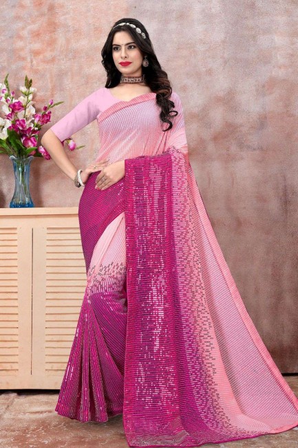 Pink Saree in Georgette with Digital print