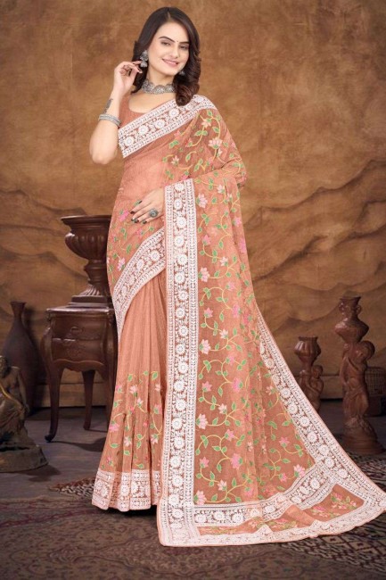 Organza Weaving Dusty peach Saree with Blouse