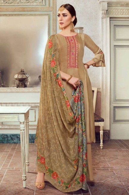 Embroidered Satin georgette Palazzo Suit in Khaki  with Dupatta