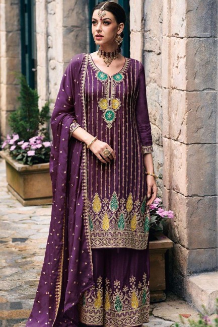 Purple Palazzo Suit in Chiffon with Embroidered