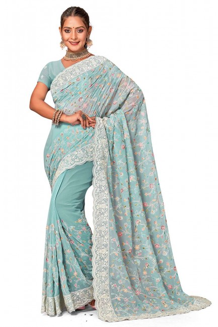 Embroidered Georgette Saree in Sea green  with Blouse