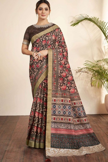 Saree in Brown Bhagalpuri silk with Stone,printed