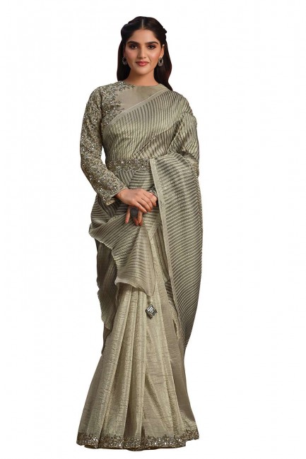 Olive  Saree with Stone,sequins,thread Banarasi silk