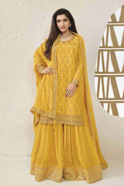 Embroidered Jacquard Yellow Sharara Suit with Dupatta