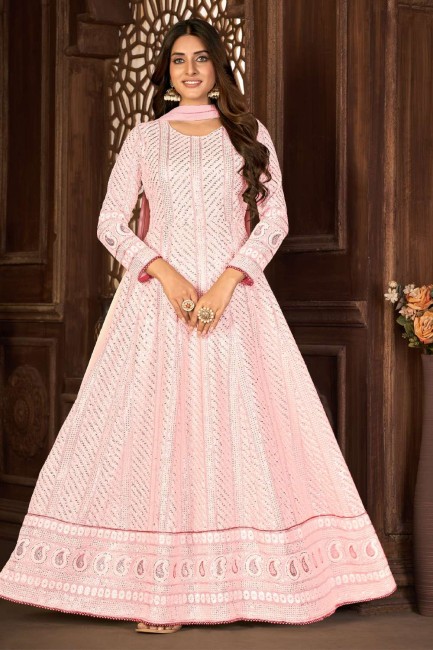 Pink Faux georgette Embroidered Anarkali Suit with Dupatta