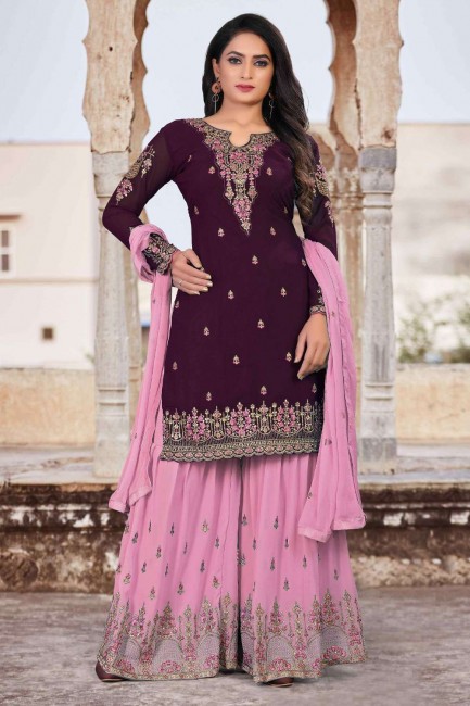 Faux georgette Eid Sharara Suit in Purple with Embroidered