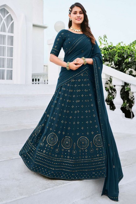 Georgette Wedding Lehenga Choli in Teal blue with Embroidered