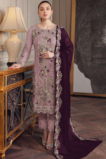 Embroidered Eid Salwar Kameez in Purple Georgette