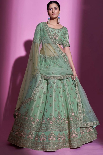 Pista green Mirror Silk Wedding Lehenga Choli