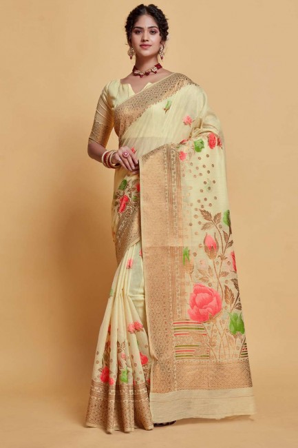 Weaving Beige Silk Saree with Blouse