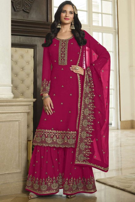 Embroidered Pink Georgette Eid Sharara Suit with Dupatta