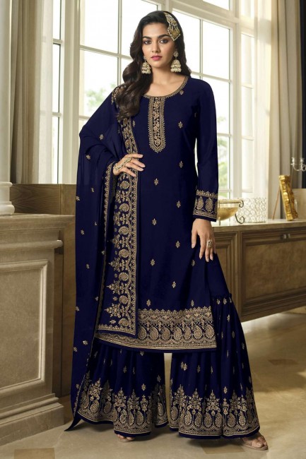 Georgette Embroidered Blue Eid Sharara Suit with Dupatta
