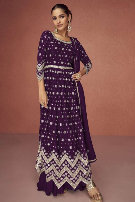 Purple Eid Anarkali Suit in Georgette with Embroidered