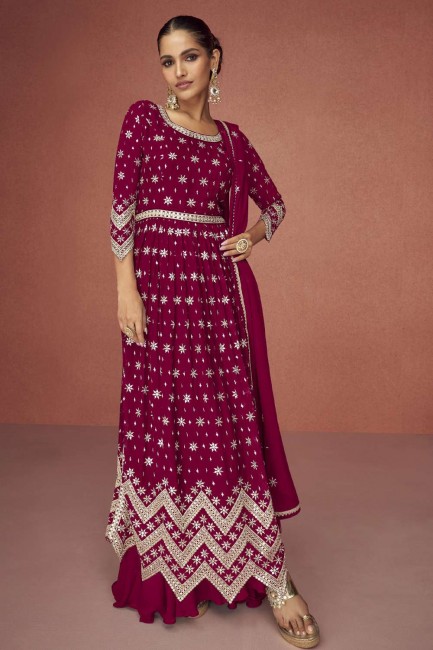 Georgette Eid Anarkali Suit in Magenta with Embroidered