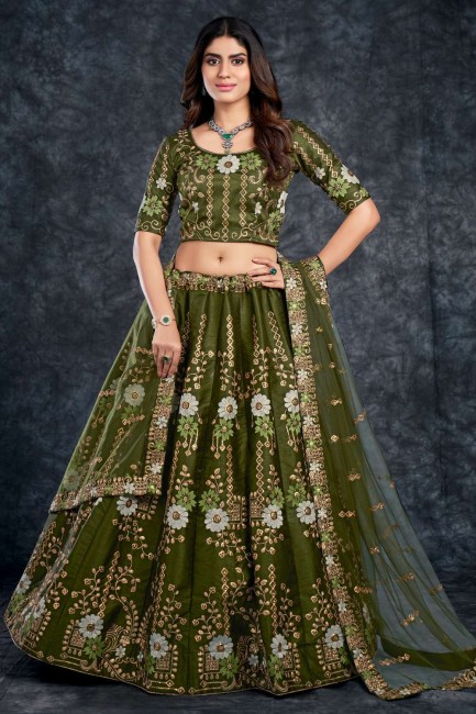 Embroidered Silk Dark green Wedding Lehenga Choli with Dupatta
