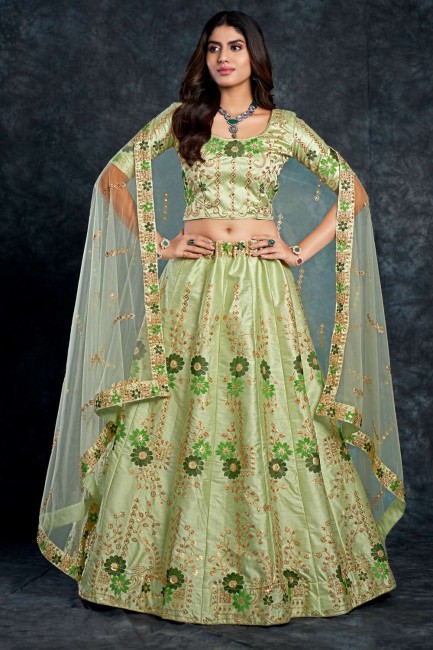 Pista Wedding Lehenga Choli in Embroidered Silk