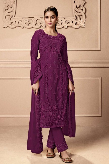 Salwar Kameez in Purple Net with Embroidered