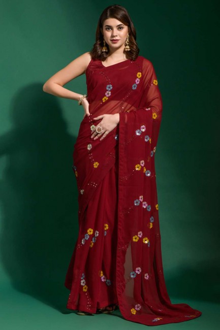Georgette Embroidered Red Party Wear Saree with Blouse