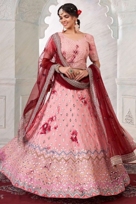 Pink Wedding Lehenga Choli in Art silk with Mirror
