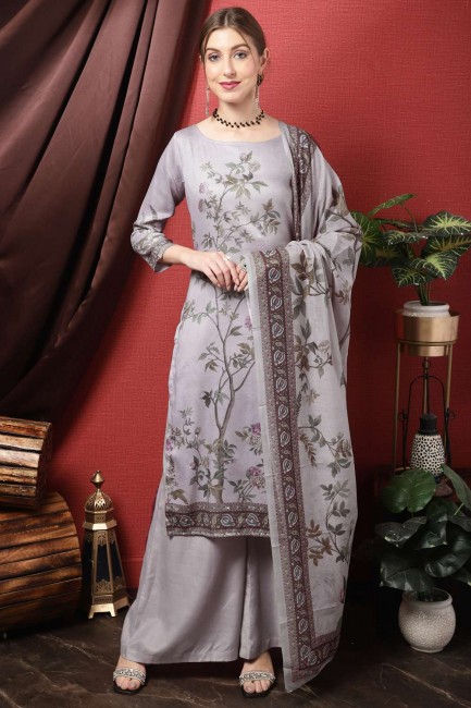 Grey Palazzo Suit in Thread Cotton