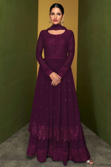 Eid Anarkali Suit in Purple Georgette with Embroidered