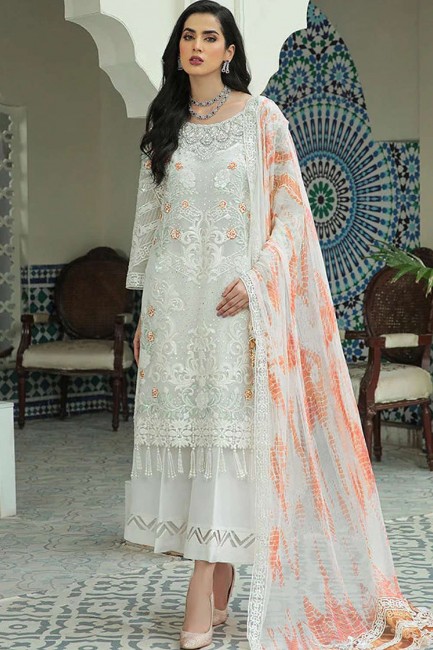 White Embroidered Eid palazzo Suit in Georgette