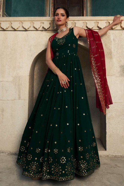 Embroidered Georgette Gown Dress in Green