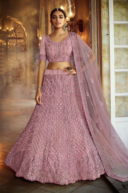 Pink Wedding Lehenga Choli in Soft net with Zircon
