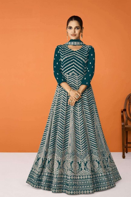Aqua blue Anarkali Suit with Embroidered Georgette