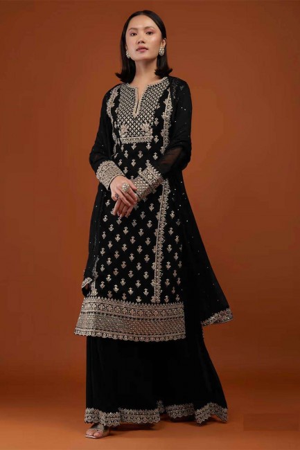 Black Sharara Suit in Embroidered Georgette