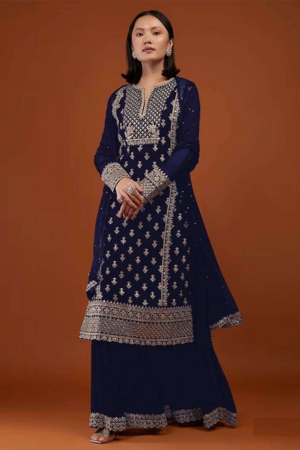 Sharara Suit in Georgette Blue with Embroidered