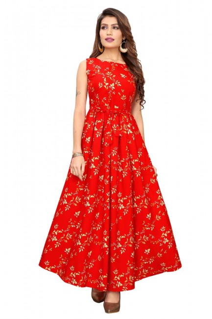 Crepe Gown Dress in Red with Printed