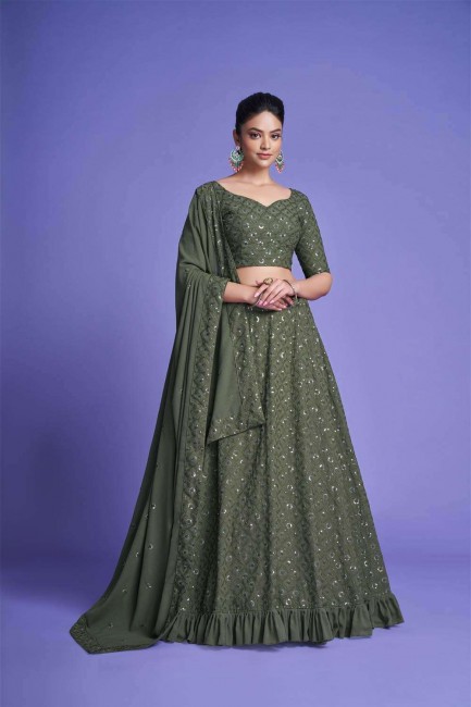 Georgette Lehenga Choli in Mehndi green with Embroidered