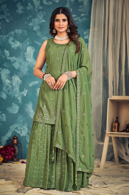 Georgette Sharara Suit with Sequins in Green