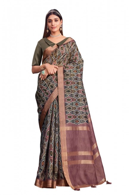 Brown Saree in Tussar silk with Printed