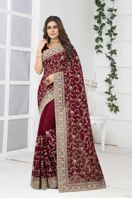 Embroidered Georgette Party Wear Saree in Maroon with Blouse