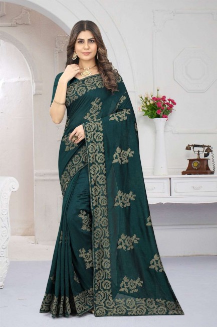 Saree Rama green with Embroidered Silk