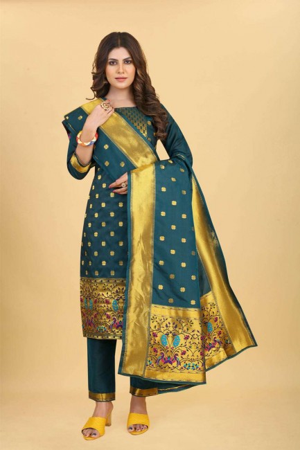Teal  Printed Silk Sharara Suit
