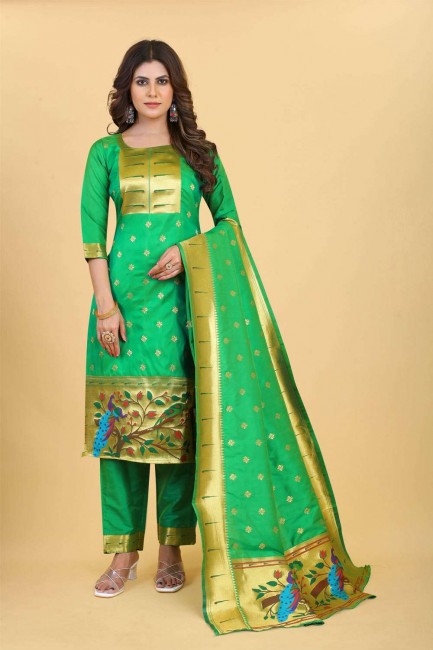 Green Printed Salwar Kameez in Silk