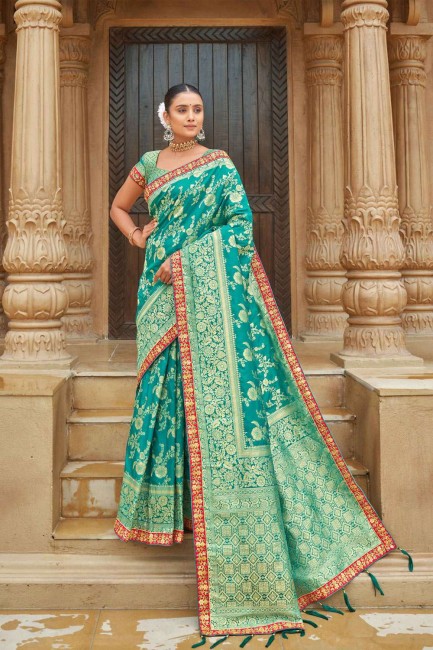 Banarasi silk Banarasi Saree with Weaving in Turquoise