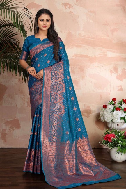 Weaving  Sky blue Banarasi silk Banarasi Saree
