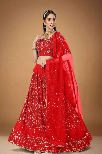 Embroidered Georgette Wedding Lehenga Choli in Red