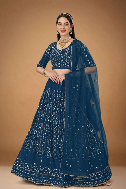 Wedding Lehenga Choli in Georgette Blue with Embroidered