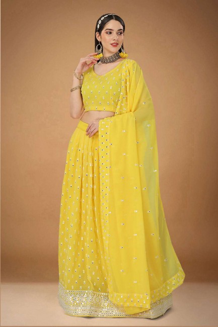 Georgette Yellow Embroidered Wedding Lehenga Choli with Dupatta