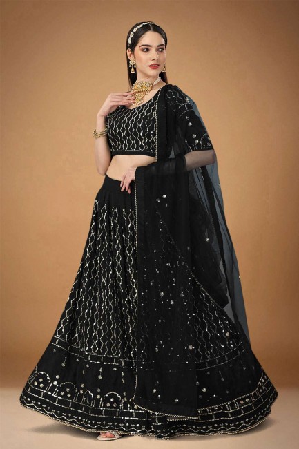 Black Embroidered Georgette Wedding Lehenga Choli