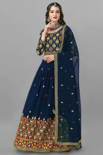 Georgette Wedding Lehenga Choli with Embroidered in Blue